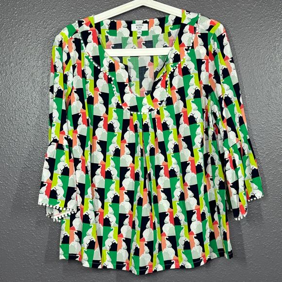 Crown & Ivy Top Petite Large Flowy Elephant Parade Print Peasant  Green - Picture 1 of 6